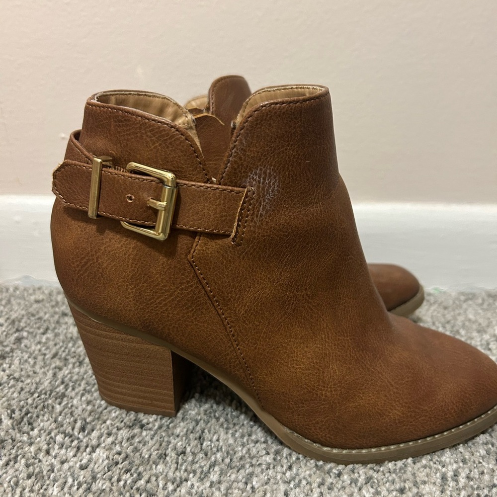 Express Tan Ankle Boots with Gold Buckle - Picture 2 of 4